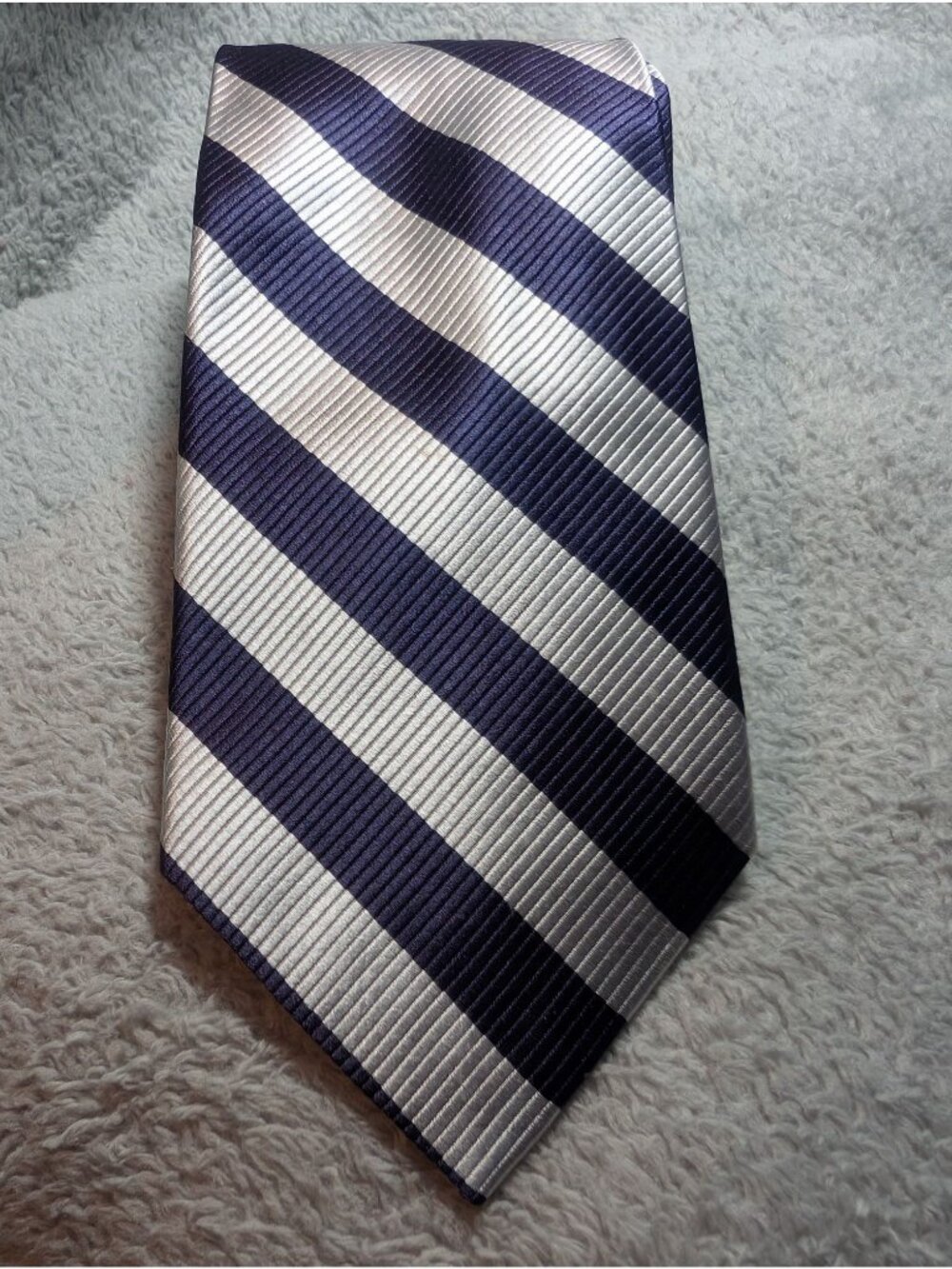 Paul Fredrick Silk Tie Navy & Silver Striped Handmade